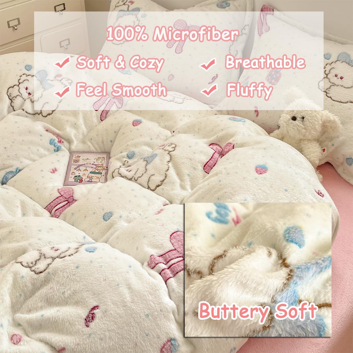 LMONMOO Pink Duvet Cover Queen, Puppy Kawaii Bedding Sets, Ultra Soft Cute Dogs Fluffy Comforter Covers Set for Girls Kids Women Teen (Puppy, Queen)