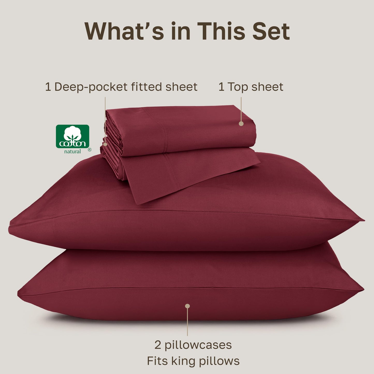 California Design Den Natural 100% Cotton Sheets King Size Deep Pocket Set - Luxury Hotel 800 Thread Count Sateen, King Size Sheets Set, Snug Fit and Durable Bedding - Red Wine