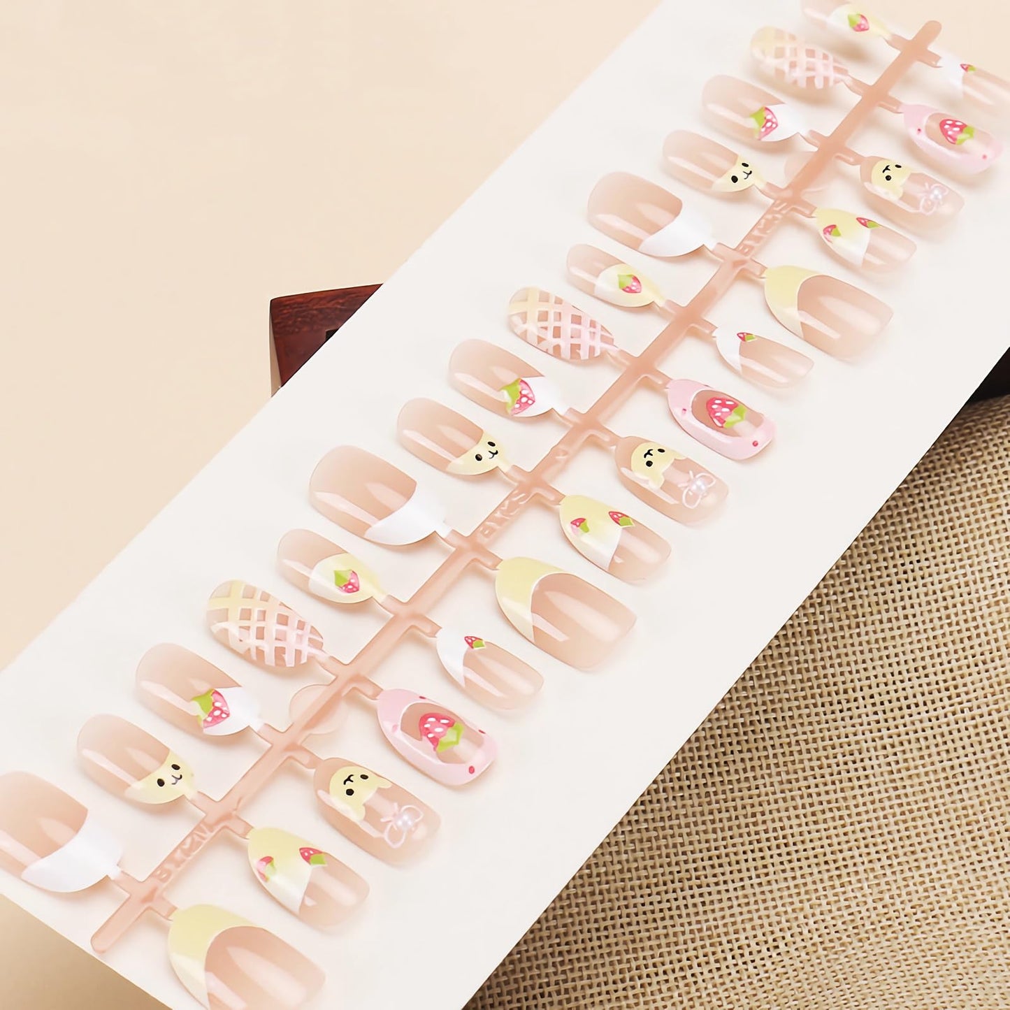 BABALAL Press on Nails Short Oval Fake Nails Yellow Pink Acrylic Glue on Cute Bear Strawberry False Nails 30Pcs Round Full Cover Stick on Nails for Women Girls Kids French Tip Kit