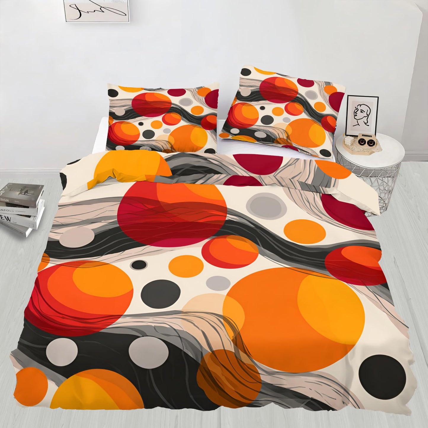 QINYUN Abstract Burnt Orange Duvet Cover California King, Retro Medieval Bedding Set 3 Piece Bedroom Decor Vibrant Modern Comforter Cover and 2 Pillow Sham with Zipper Closure