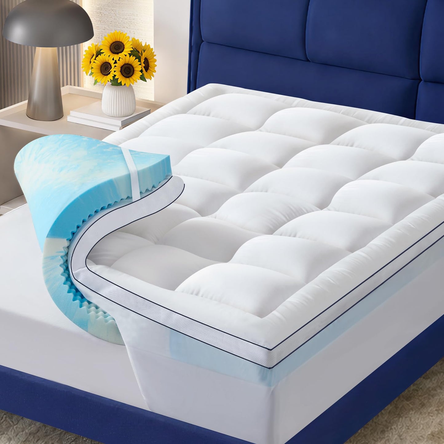 NicePlus Dual Layer 4 Inch Memory Foam Mattress Topper Queen, 2 Inch Cooling Gel Memory Foam and 2 Inch Soft Pillow Top Mattress Pad Cover for Back Pain Relief, with Elastic 21" Deep Pocket