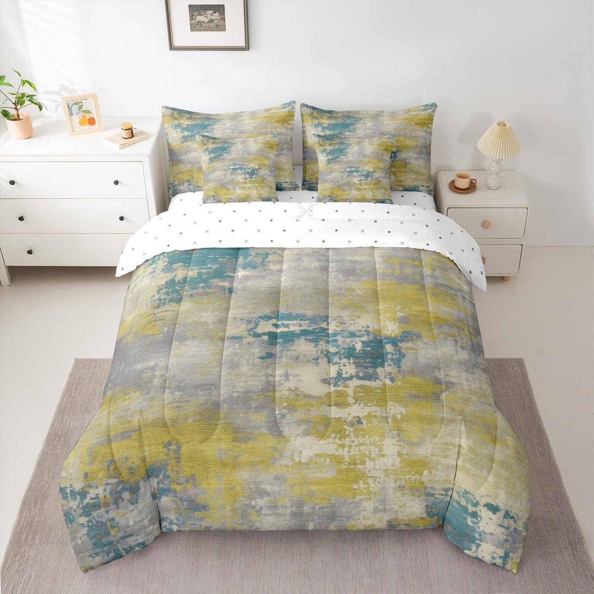 Erosebridal Lime Green and Blue Watercolor Comforter Set 7 Pcs,Modern Abstract Bed in A Bag for Kids Teens Adult,Ombre Gradient Tie Dye Fitted Sheet,Grunge Aesthetic Quilt Set (Lime Green Blue,King)