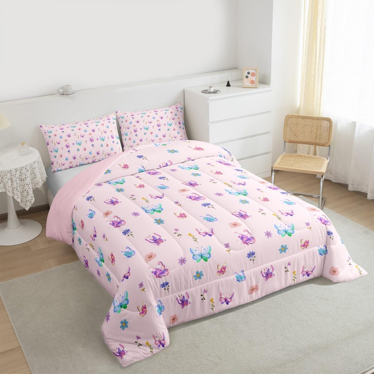 Feelyou Butterfly Kids Comforter Set Full Size Floral Bedding Set Farmhouse Garden Duvet Quilt for Kids Boys Girls Bedroom Cute Decor Purple Pink Microfiber Ultra Soft Breathable