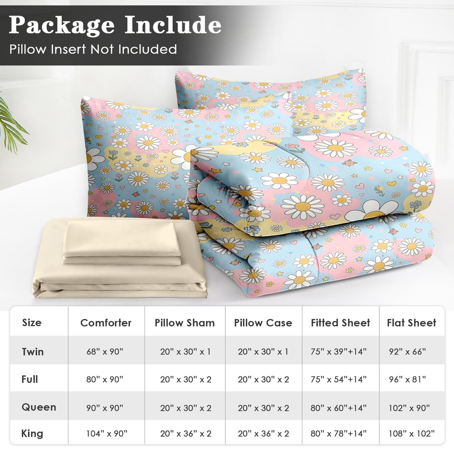 WeCozy 5 Pcs Twin Size Comforter Set with Pillowcase & Sham, Daisy Floral Bedding Set for Kids and Adults, Retro Hippie Whimsical Bed in a Bag with Flat Sheet and Fitted Sheet