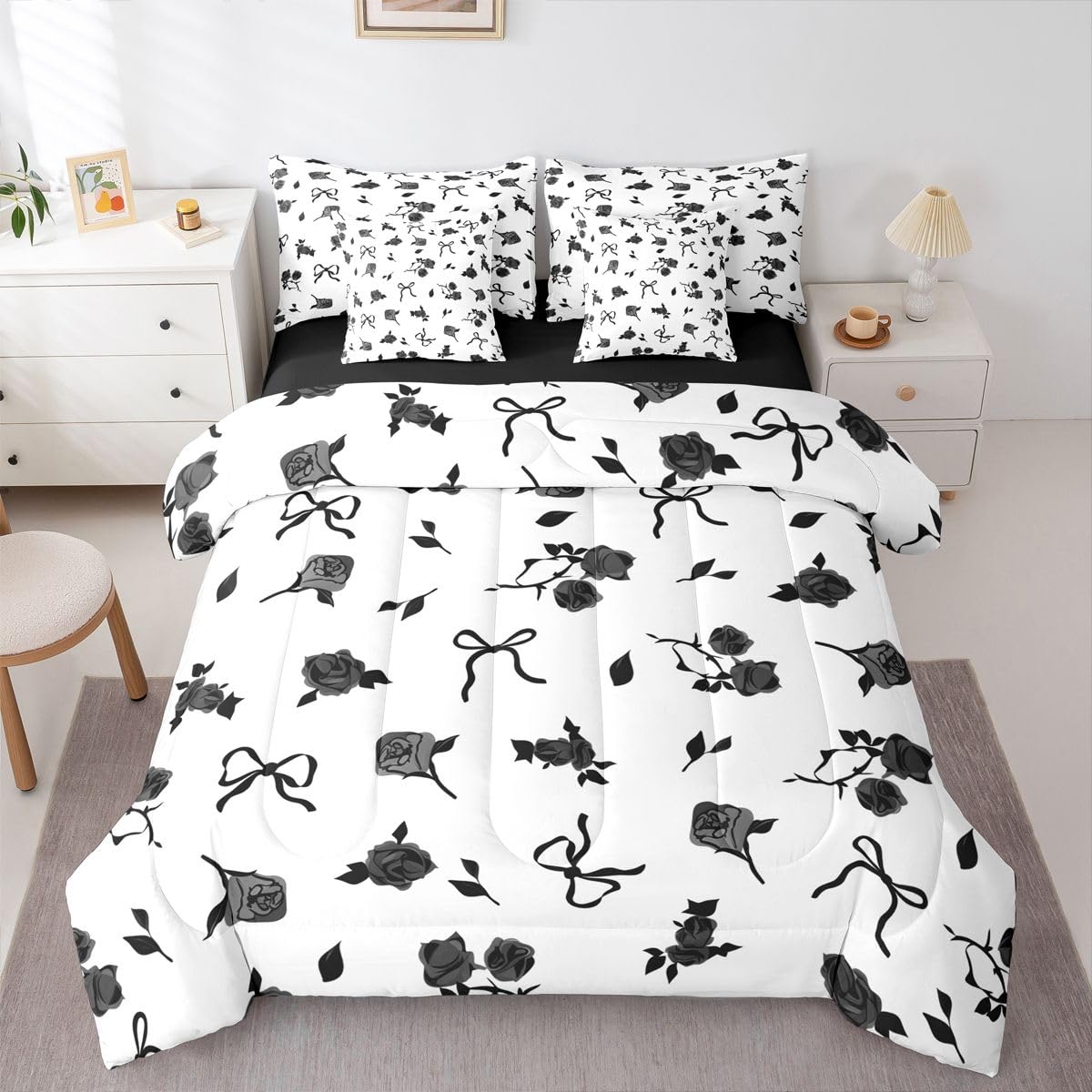 Erosebridal Princess Bowknot Full Size Comforter Set,Black Bow Rose Floral 7-Piece Bed in A Bag,Fantasy Sheets and Pillowcases,Ribbon Bow Knot Bedding Set Room Decor