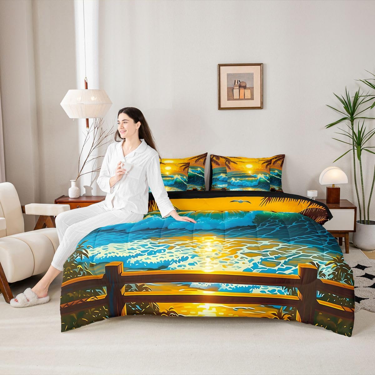 Erosebridal Tropical Sunset Queen Bedding Set Summer Palm Tree Comforter Set Kids Teens Adults Vibrant Sunlight Ocean Wave 7-Piece Bed in a Bag Seagull Beach Travel Quilt Sets