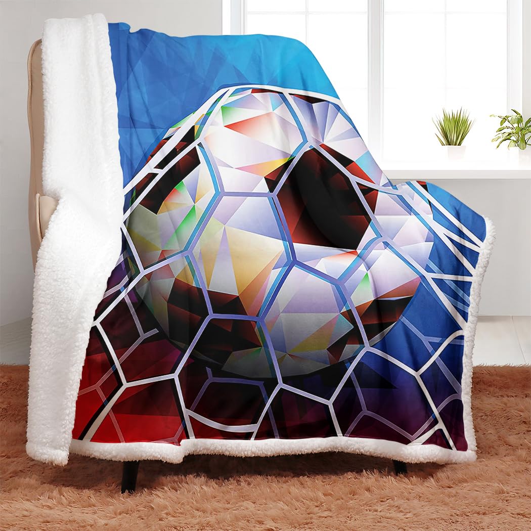 YISUEMEI Colorful Soccer Sherpa Blanket, Soft and Plush Cool 3D Printing Pattern Fleece Throw Blanket for Teenage Boys and Girls, 60x80 Inches