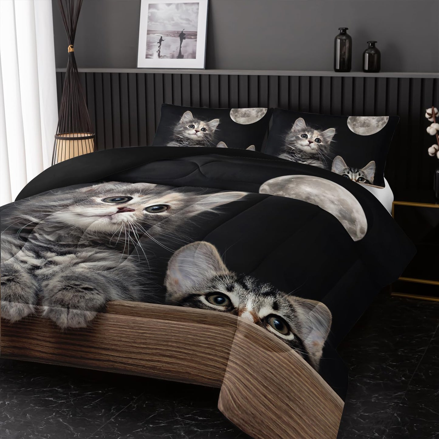 Nttopship Kids Cute Cat Comforter Bedding Set Twin,Grey Kawaii Pet Cat Bedding Set 3 Piece for Teens Kids Boys Girls Adults Animals Pattern Room Decor Soft Comforter with 2 Pillowcases