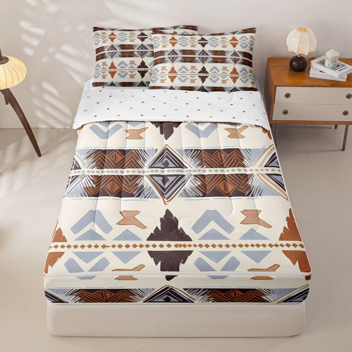 Boho Western Zipper Bedding Set Queen Zip Up Bedding Geometric Aztec Comforter Set with Sheets for Boys Girls,Ethnic Tribal Arrow Diamond Bed in a Bag Navajo Style Southwestern Decor Bed Sets