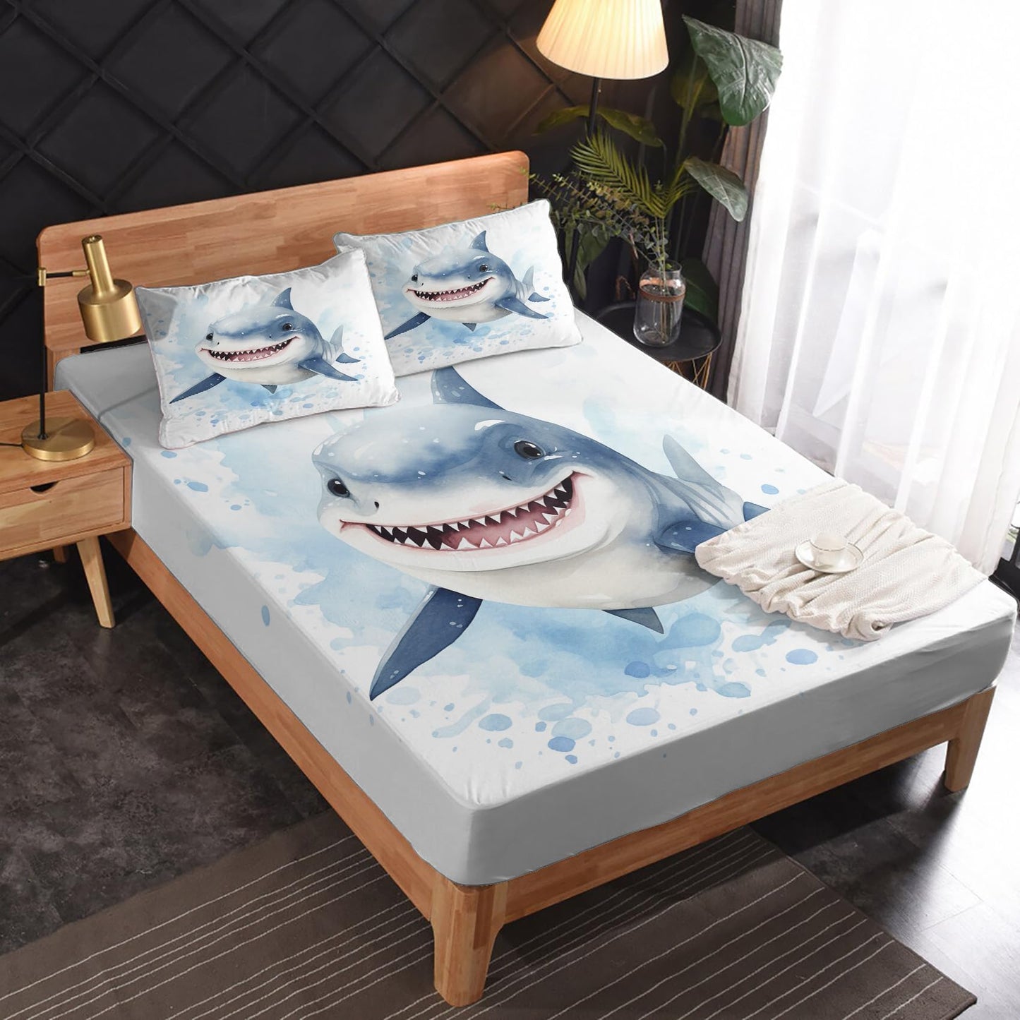 Rejkxyw King Size Sheets Set Blue Shark - Cartoon Bed Sheets - Kids Boys Sheet Set - 12 Inch Deep Pocket - Ultra Soft Winkle Free Microfiber Bedding Sheets & Pillowcases 4 Piece