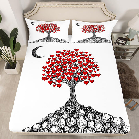 Feelyou Boys Girls Valentine's Day Bed Sheet Set Full Size, Colorful Tree Bedding Set Love Heart Fitted Sheet Kids Romantic Teens Bed Cover Bedroom Decor Lightweight Bed Set (No Flat Sheet)