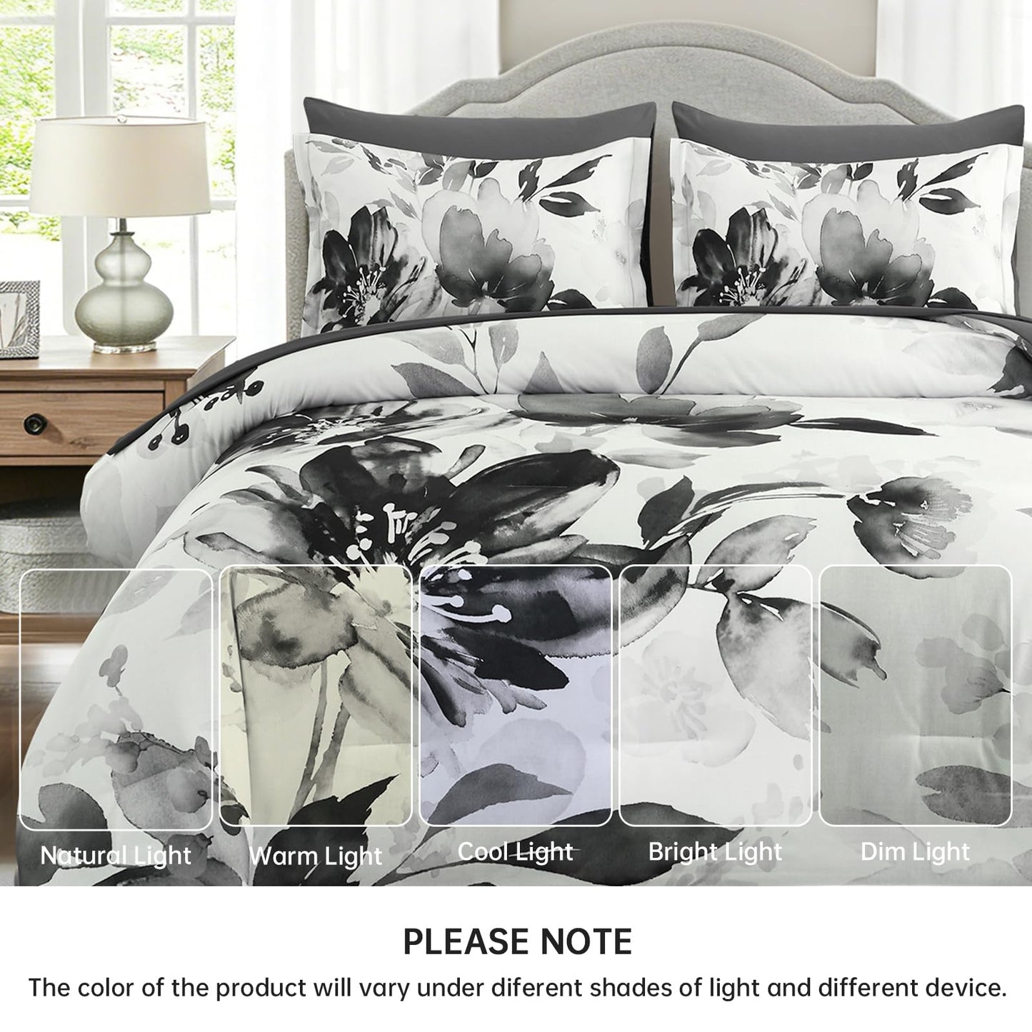 Luxudecor Floral Comforter Set Queen Size, 7 Piece Black Grey Flower Set Bed in a Bag,Soft Microfiber Farmhouse Shabby Chic Bedding Set for All Seasons(90"x90")