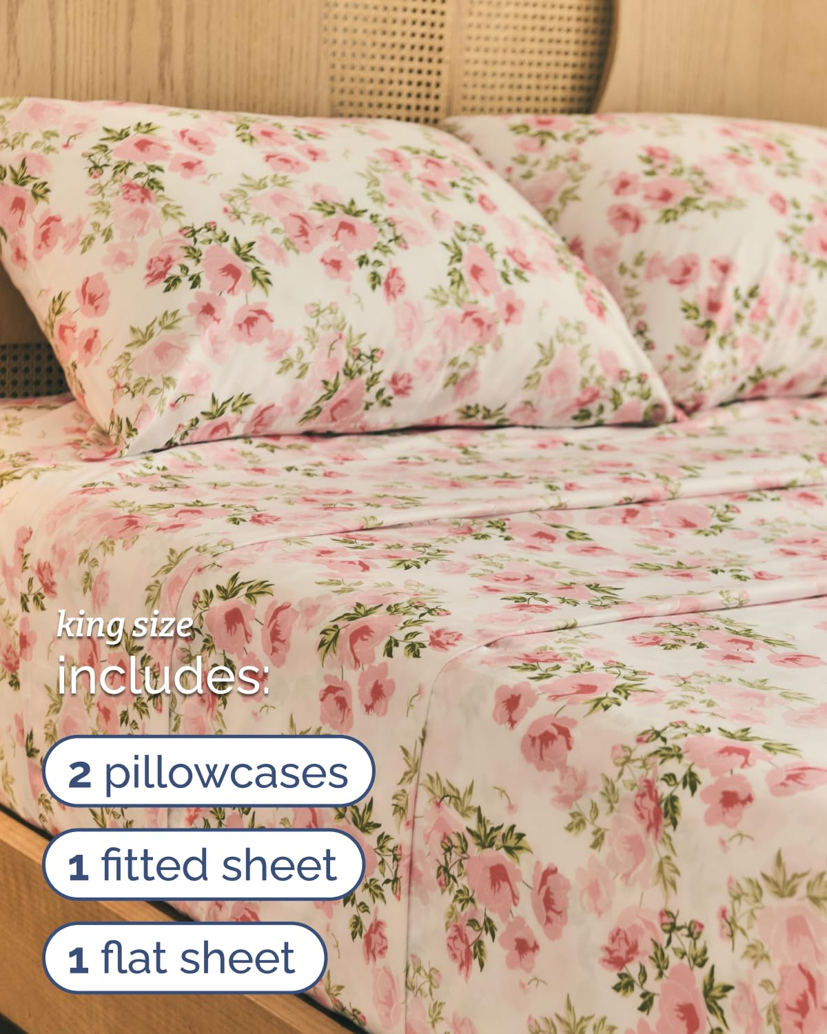Floral Sheets - Pink Floral Bed Sheet Set - 1 Flat, 1 Fitted & 2 Pillowcases w/ Deep Pockets - Comfy, Wrinkle & Fade Free - Boho Botanical Bedding - Ultra-Soft, Breathable & Cooling - King Size Set