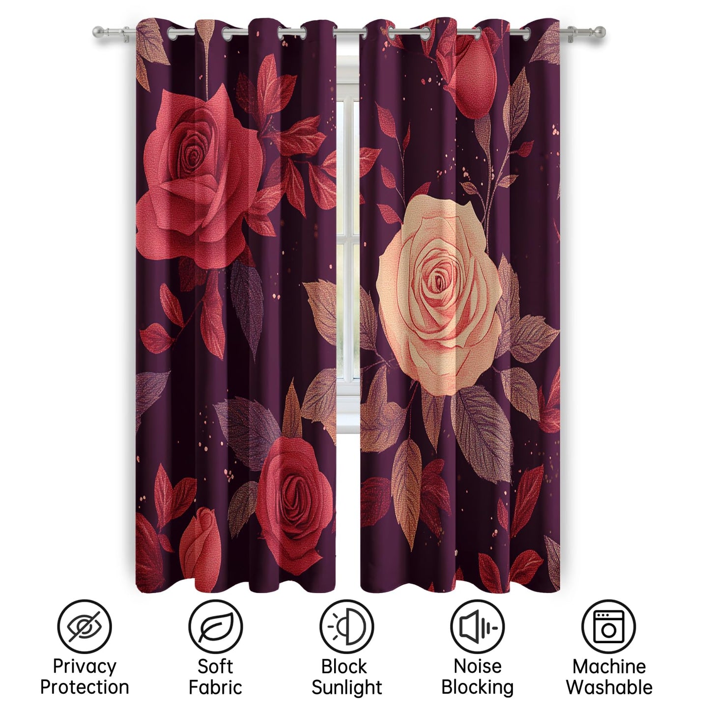 Mistwalk Girls Romantic Rose Blackout Curtains 84 Inches Long, Patterned Curtains for Bedroom & Living Room, Room Darkening Thermal Insulated Grommet Drapes, Vintage Purple Floral Window Treatments
