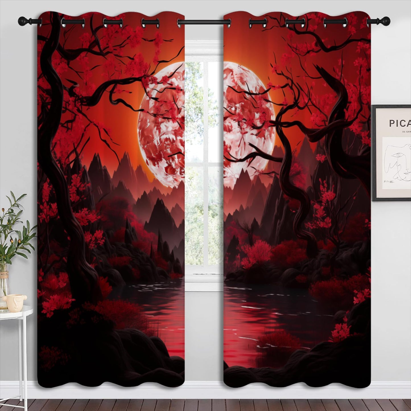 LHROOMJK Japanese Blackout Curtains for Boys Girl Bedroom Home Decor,Asian Anime Red Plum Red Moon Landscape Painting Thermal Insulated Grommet Darkening Living Room Window Drapes, 72 x 63 inch