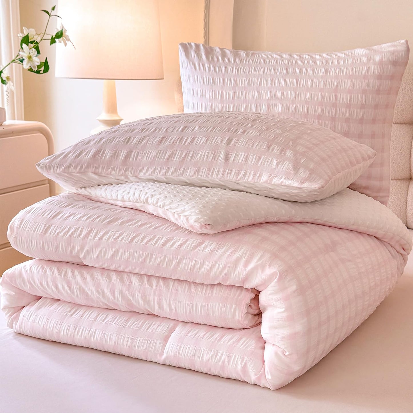 tohrisa Boho Comforter Set Twin Size - 2 Pieces Lightweight Jacquard Seersucker Bedding Sets (1 Soft Fluffy Grid Comforter & 1 Pillowcase) - All Seasons Cozy Modern Bed Set(68"x90" Blush Pink)