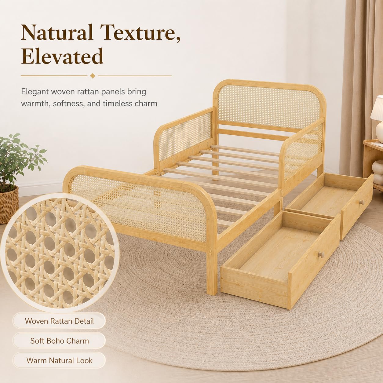 Duxelifin Full Kids Bed Frame with Storage Drawers,Rattan Wood Platform Bed with Headboard & Footboard, Low Profile Boho Daybed, No Box Spring Needed, Full Size Bed Frame for Boys Girls，Natural