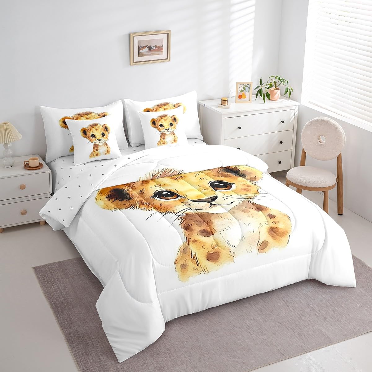 Erosebridal Kawaii Lion Twin Size Comforter Set with Sheets Kids | African Jungle Animal 7-Piece Bedding Set Tropical Forest Wildlife Pattern Bed in a Bag Cartoon Wild Safari Animal Bed Quilt Sets