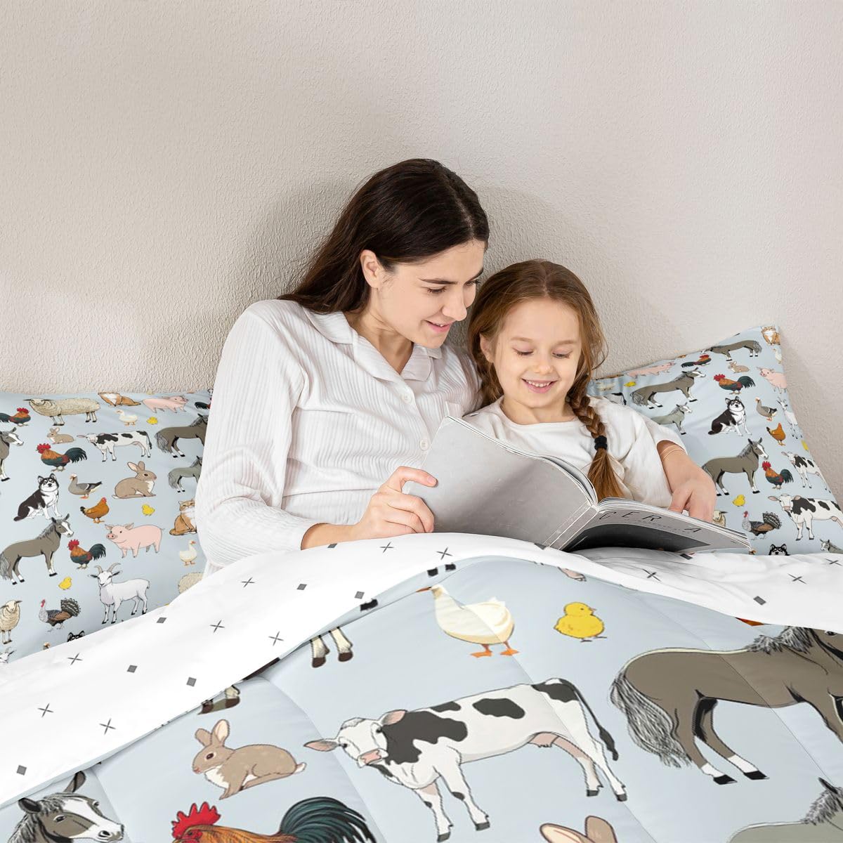 Feelyou Light Blue Farm Animal Comforter Set Toddler Size Cute Animal Bedding Set for Kids Boys Girls Farm Theme Duvet Quilt Cartoon Bedroom Decor 2 Pcs with 1 Pillow Cases