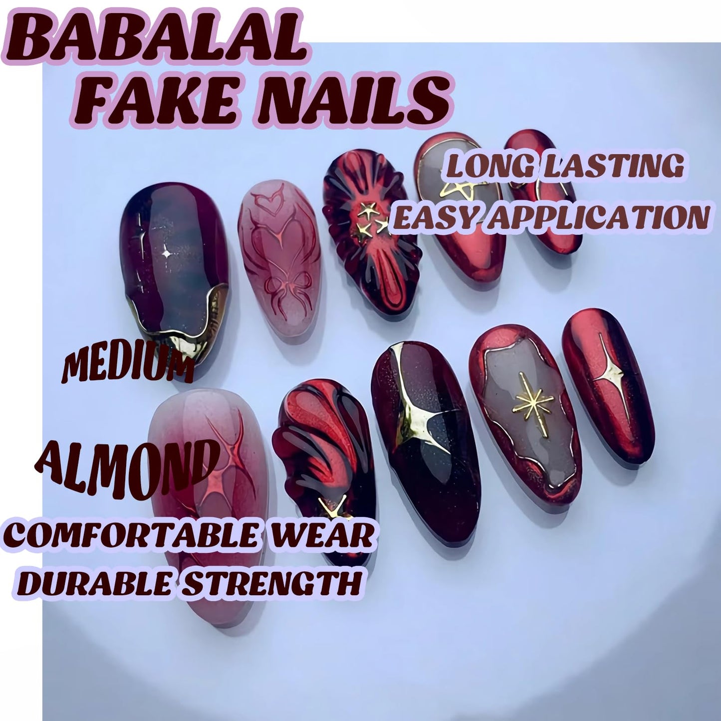 BABALAL Press on Nails Almond Medium Fake Nails Red Gold Chrome Glue on Y2k Gothic Star Design 3d Texture Handmade Supplies Art 24Pcs Punk Glossy Acrylic False Gel Nails for Women Girls Halloween