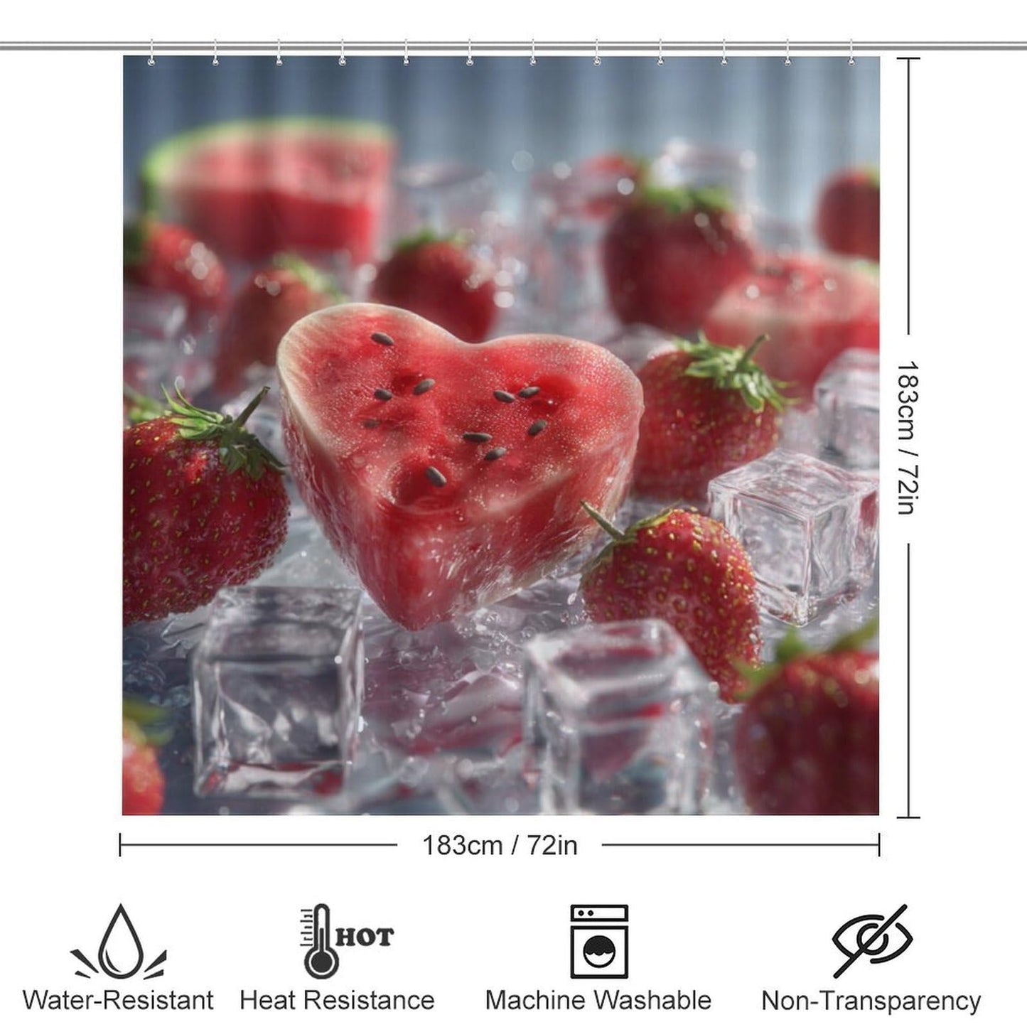 INSFBRB Realistic Rustic Watermelon Shower Curtain Sets with Rug,Toilet Lid Cover and Bath Mat,Colorful Modern Summer Ice Cubes Fruit Watermelon Strawberries 4 Piece Bathroom Set