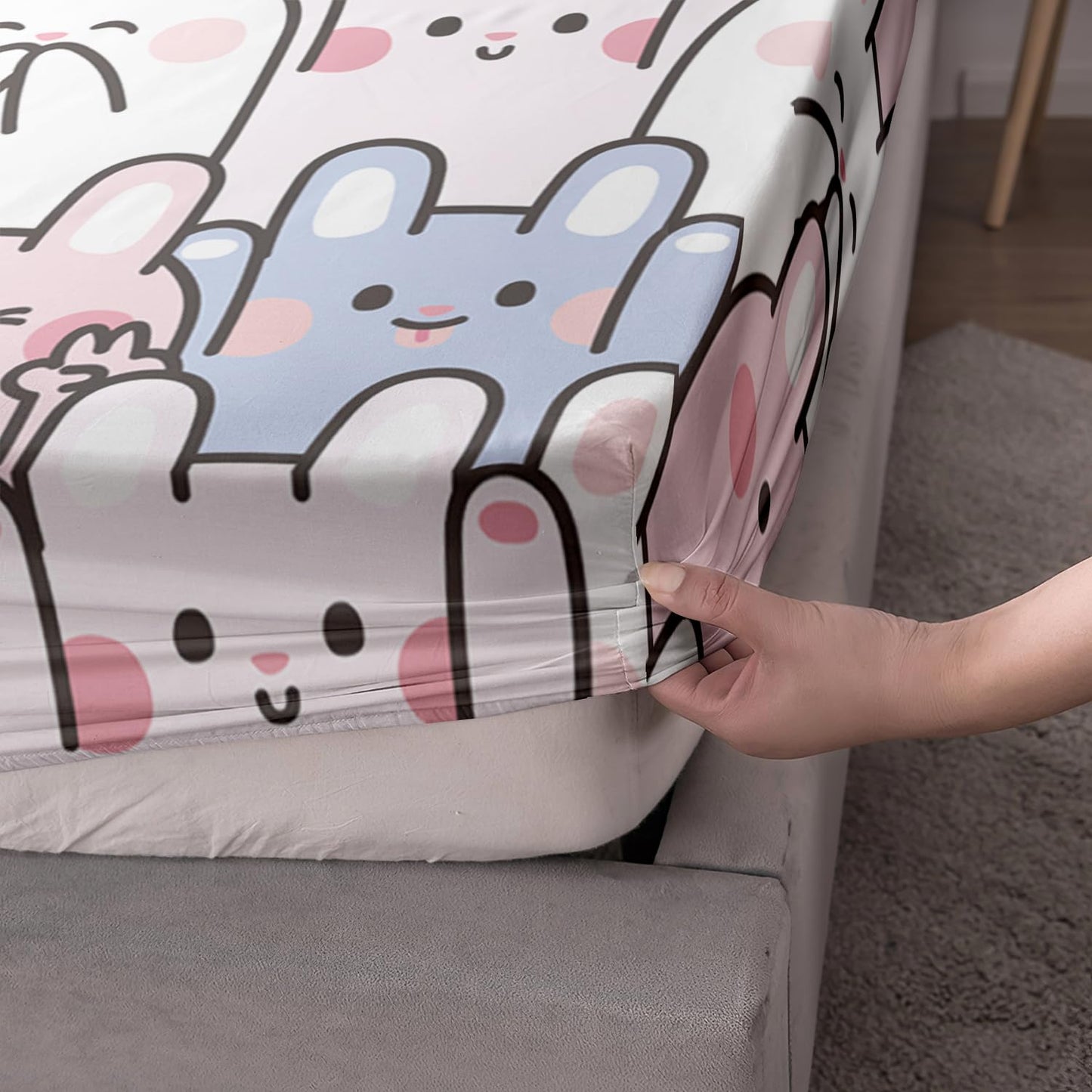 AILONEN Rabbit Fitted Sheet Set, Girls Twin Kawaii Bed Sheet Set,Cute Rabbit Bed Sheet Set,Cartoon Bunny Kids Sheet Set 3 Pieces, 1 Fitted Sheet and 2 Pillowcases