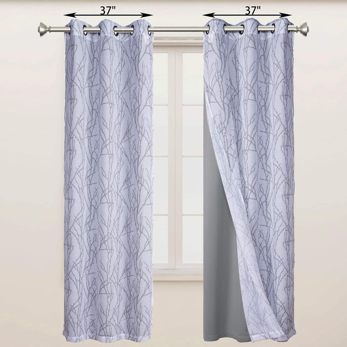 BONZER Mix and Match Curtains - 2 Pieces Branch Print Sheer Curtains and 2 Pieces Blackout Curtains for Bedroom Living Room Grommet Window Drapes, 37x63 Inch/Panel, Light Grey, Set of 4 Panels