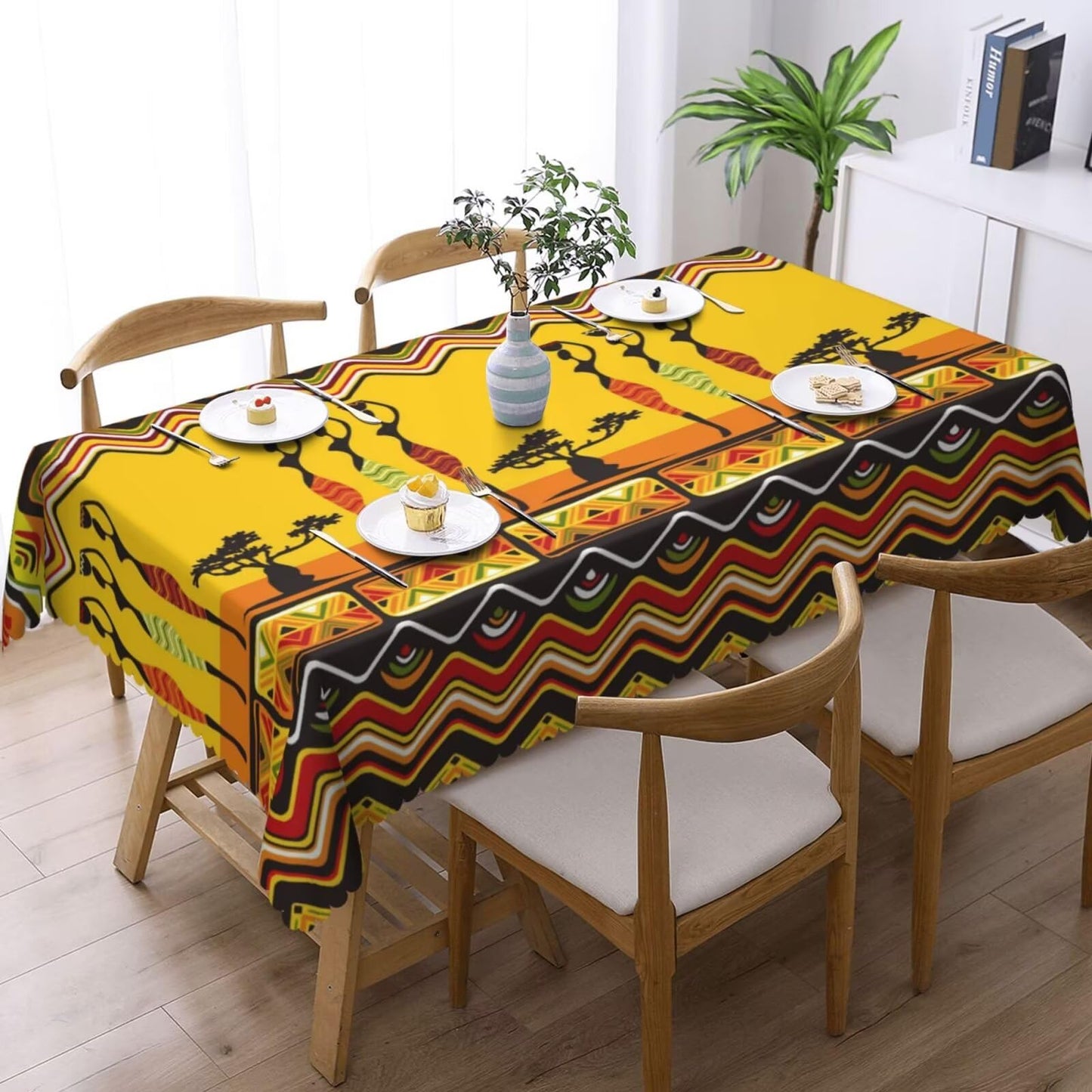 MENZHYAN African American Women Dancers Rectangle Tablecloth Tribal Ethnic Boho Table Cloths Abstract Geometric Totems Print Washable Table Cover for Home Kitchen Dining Party Decor 54 x 72 Inch