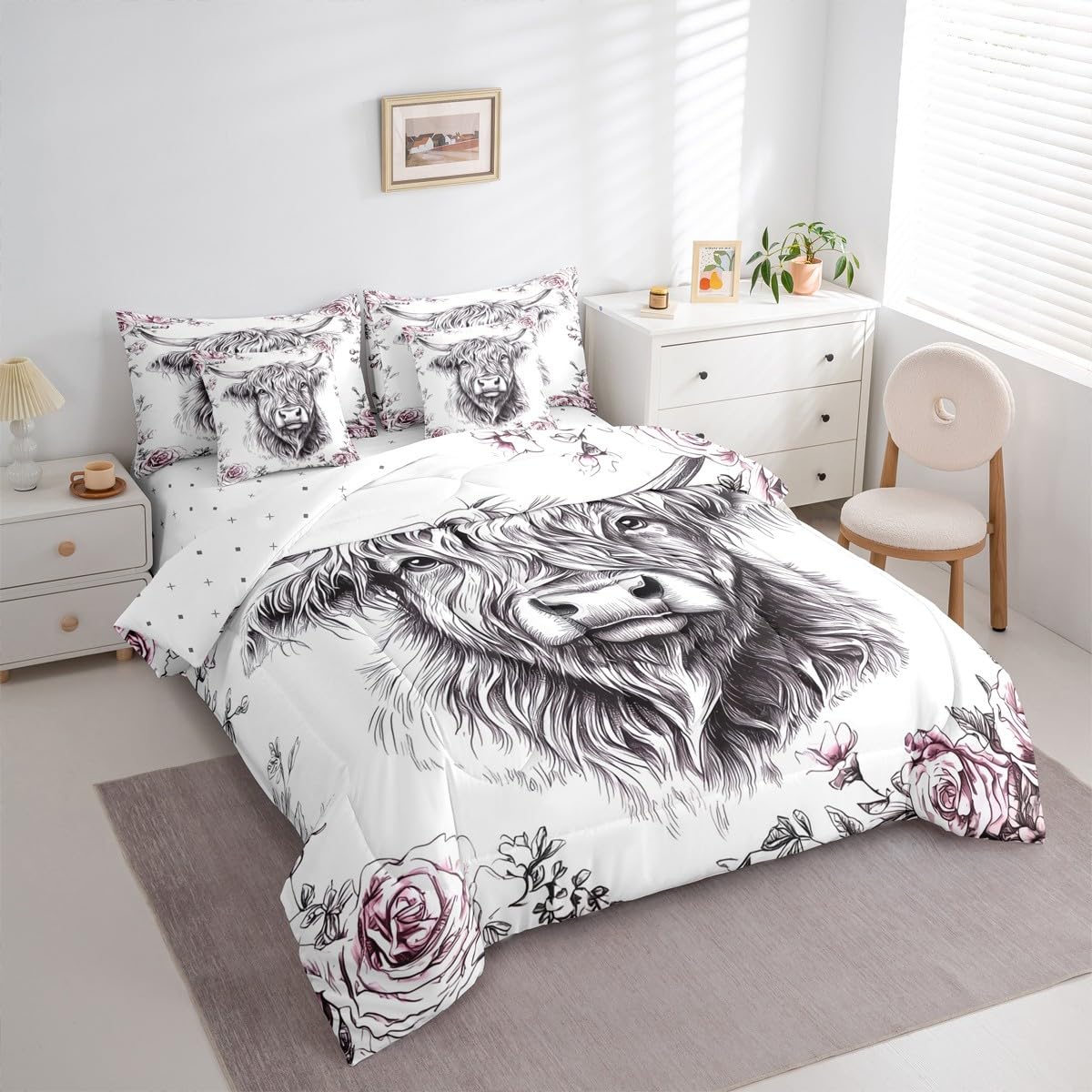 jejeloiu Highland Cow Comforter Set with Sheets 7 Piece Twin Size Highland Cattle Bedding Set for Kids Boys Girls Animal Bed in a Bag Room Decor Soft Lightweight Microfiber