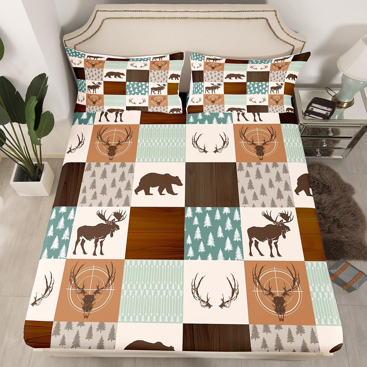 Castle Fairy Wild Animal Hunting Bed Sheet Set King Size,Rustic Bear Deer Antler Arrow Patchwork Fitted + 1 Flat 2 Pillowcases,Green Plaid Retro Country Board Breathable Mattress Cover, Bedroom Decor