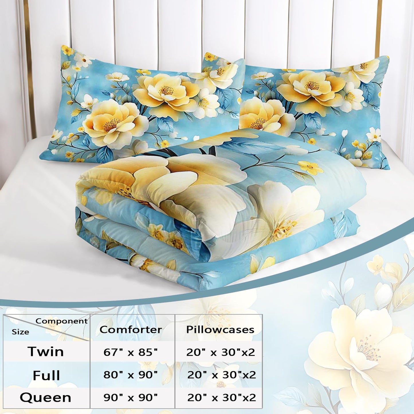 AILONEN Twin Comforter Set 3 Piece, Golden Blossom Bedding with 2 Pillowcases, Blue Floral Cover for Kids Dorm Room