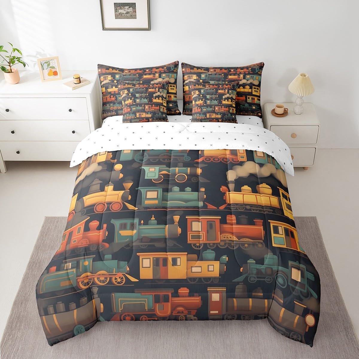Manfei 7 Pieces Twin Size Retro Train Comforter Set,Cartoon Steam Locomotive Train Bedding Set for Boys Girls,Railway Track Transport (Comforter+Fitted+Flat Sheet+2 Pillowcases+2 Throw Pillow Covers)