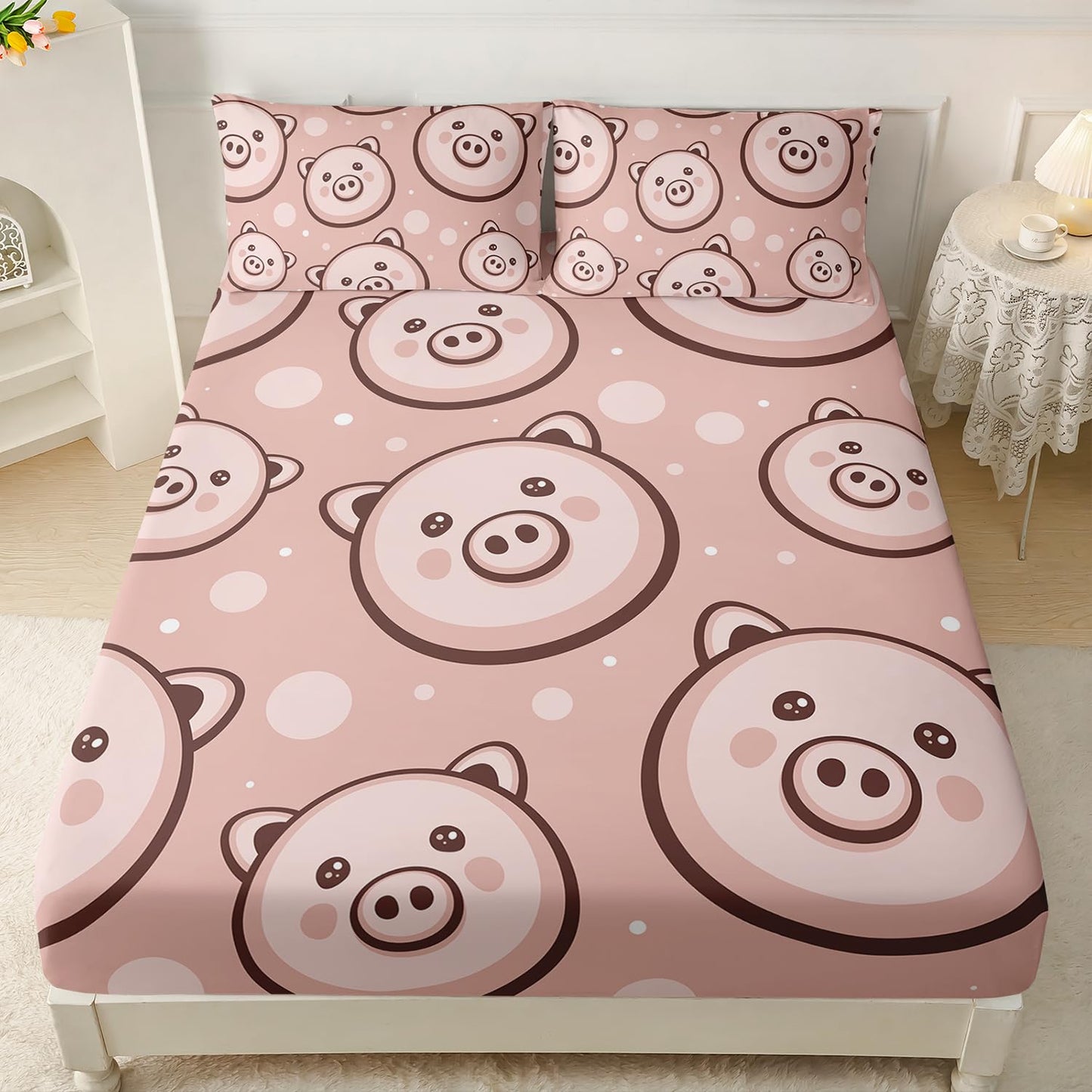AILONEN Funny Pig Fitted Sheet Set Twin Size,3-Piece Cute Animal Bed Sheet Set for Kids,Cartoon Pig Print Pink Microfiber Fitted Sheet with 2 Pillowcases,All Season
