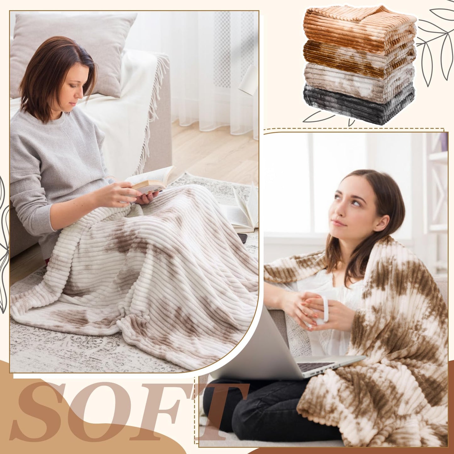 SmoothNovelty 4 Pcs Faux Fur Throw Blanke Bulk Summer Air Conditioned Rooms Gifts Tie Dyed Rabbit Fur Sleepover Blankets Warm Lightweight for Bed Couch Wedding Charity (80 x 60 Inch,Soft Colors)