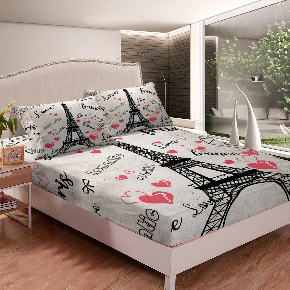 Eiffel Tower Fitted Sheet Full,Red Love Heart Bed Sheet 3 Pieces(No Flat Sheet),Valentine's Day Decor Bedding Set for Kids Adults,Rustic Farmhouse Style Deep Pocket Sheet Room Decor