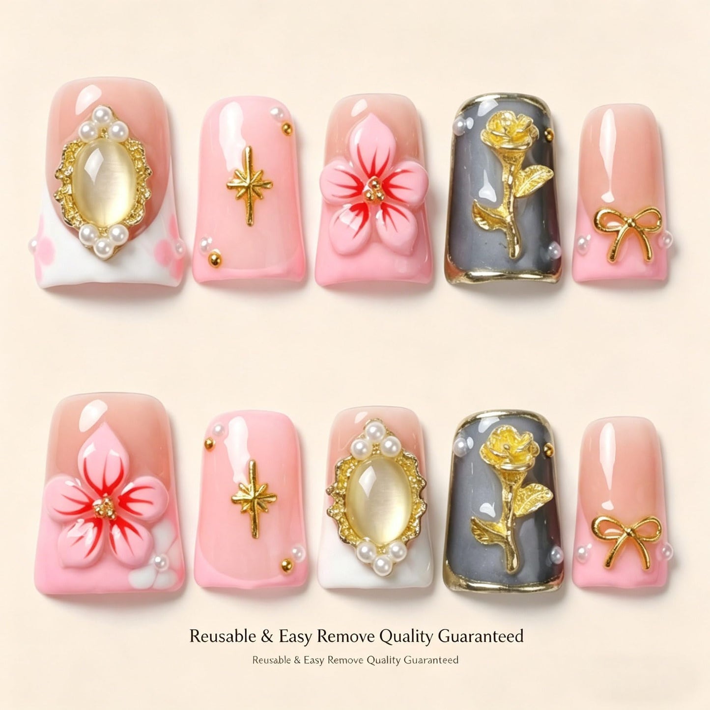 Handmade Press on Nails 3D Cute Glue on Nails for Women, Luxury Duck Nail Art Design, Fake Nails with 3D Nail Charms Size M 6