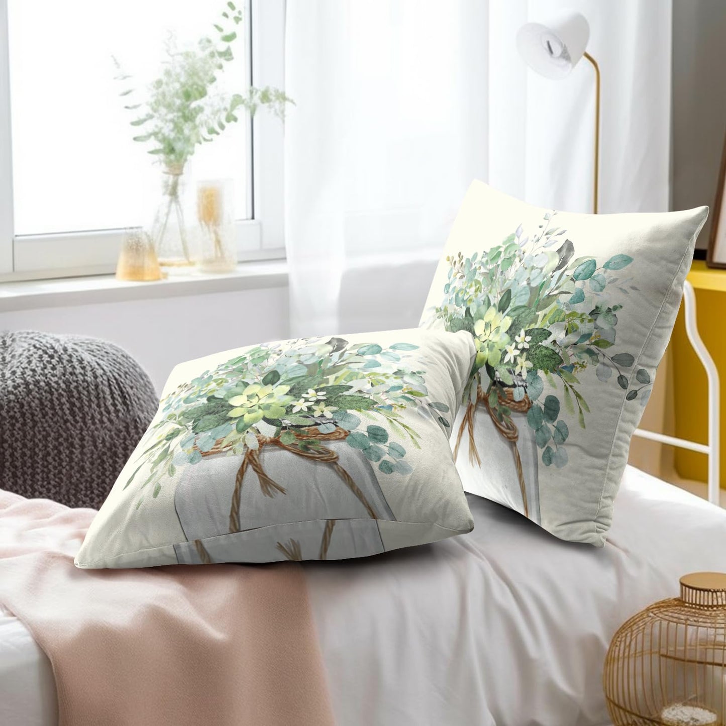 Mweet Watercolor Eucalyptus Leaves Pillow Covers Set of 2, 16x16 Inch Spring Summer Natural Green Plant Floral Cotton Square Pillow Case Soft Cushion Cover for Couch Sofa Living Room