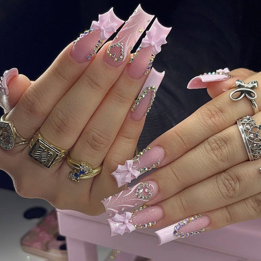 plalely Pink Press on Nails Square Long, Rhinestone Heart Acrylic Press on Nails with Pink Bow Designs，Long Press on Nail for Women 24pcs