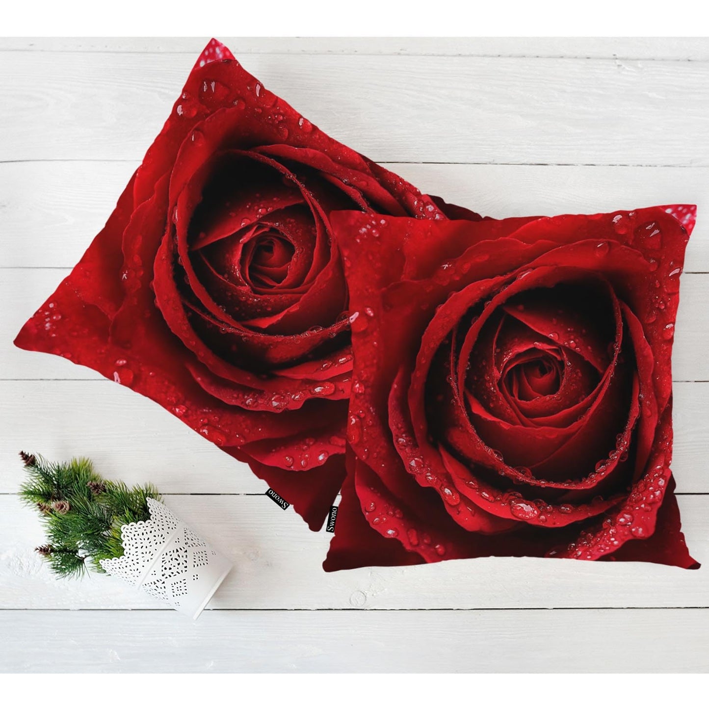 Swono Rose Pack of 2 Decorative Throw Pillow Covers Cushion Covers, Blossom Rose Water Drops Couch Pillow Case Boho Cushion Pillowcase for Bedroom Sofa Living Room 18X18 Inches, Red Rose Petals