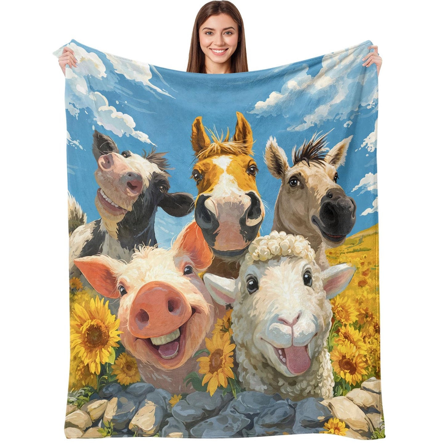 kampdream Funny Animal and Sunflower Flannel Blanket Throw, Super Soft Cozy Nap Blanket with Cute Cartoon Animal for Sofa Travel and Camping, for All Seasons 50"x60" inch Cow Sheep Horse