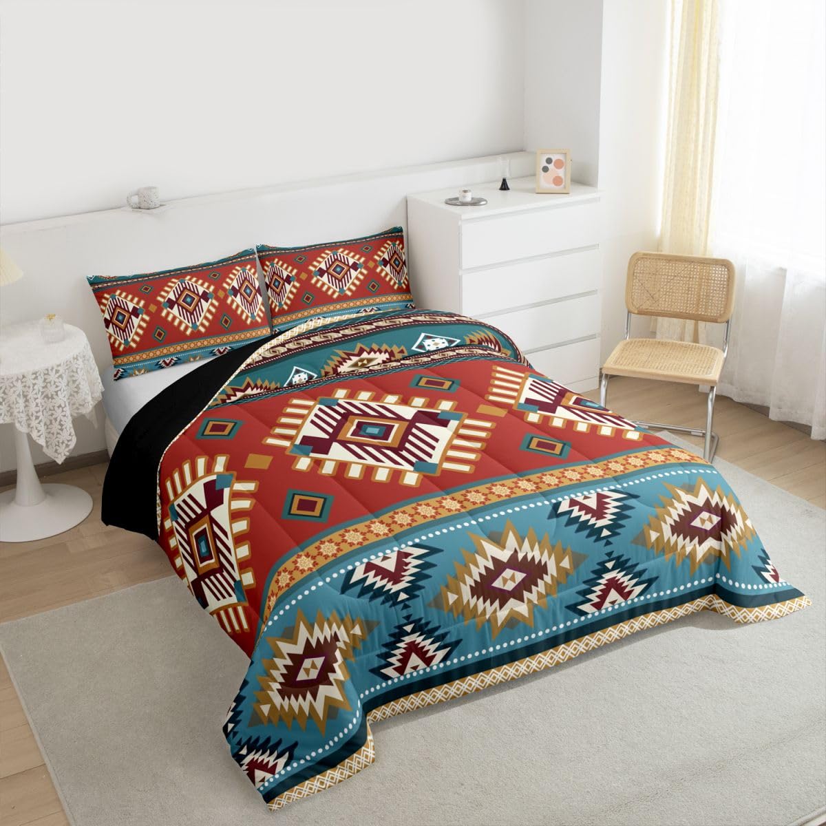 jejeloiu Southwest Native American Design Bedding Set Soft for Boys Girls, Southwestern Geometric Comforter Set Queen Size Boho Duvet Quilt Microfiber Tribal Bedroom Decor 3 Pcs with 2 Pillow Cases