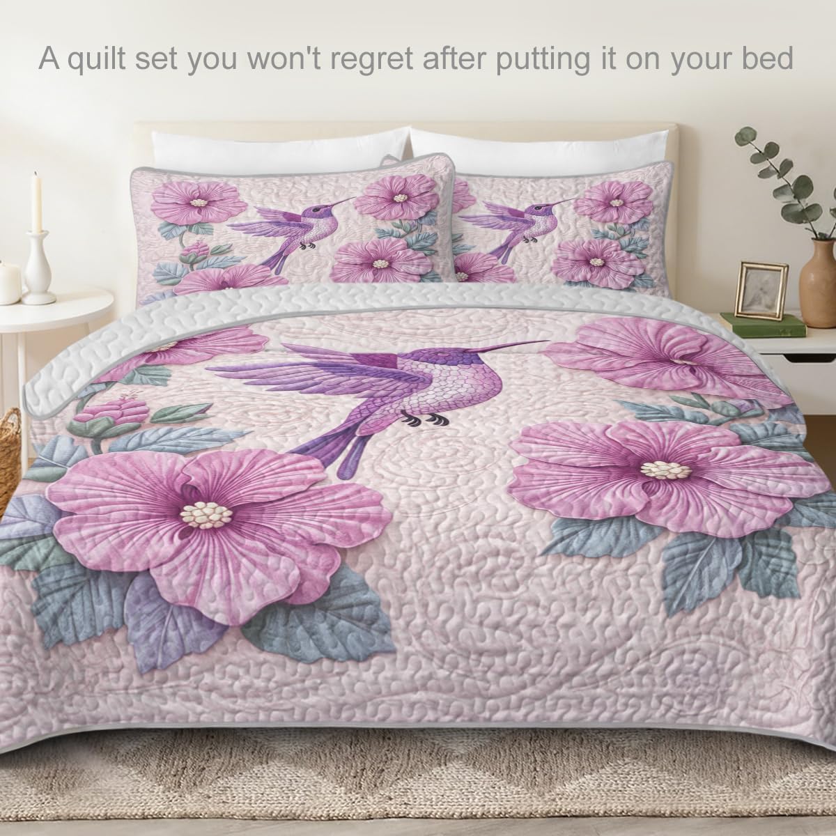 ARIGHTEX Flower Bird Quilt Set Queen Size Floral Heart Hummingbird Bedding Set Lightweight Botanical Quilt Soft Microfiber Bedspread Romantic Coverlet Set with Pillow Shams