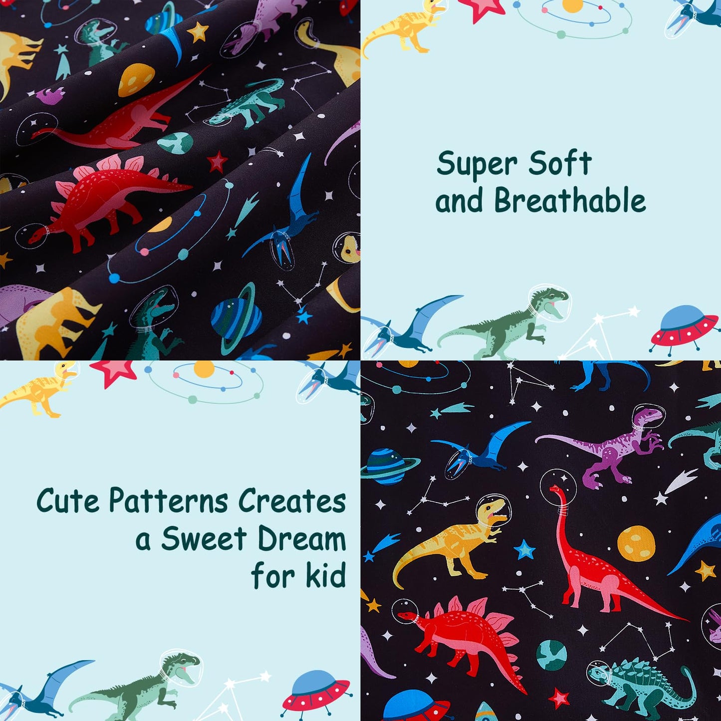 lasoftan Kids Sheet Set Twin Size, Twin Sheet Set with Space Dinosaur Pattern，Breathable Silky Soft Microfiber Kids Fitted Sheet