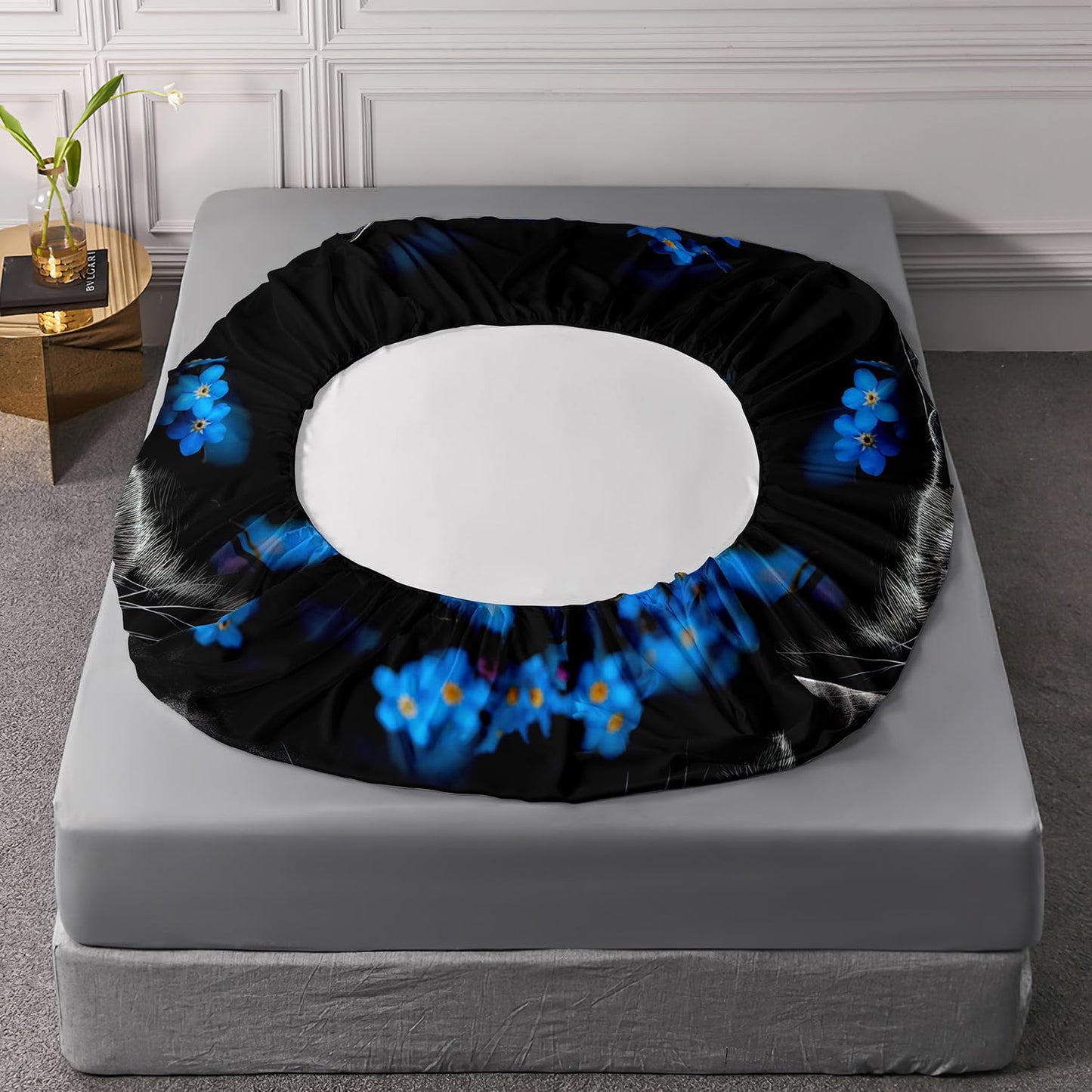 UEVBF Black Cat Fitted Sheet Set Twin Size,Animal Themed Cute Bed Fitted Sheets Set for Kids Toddler Girls Boys Room Decor,Blue Floral Bedding Sets,1 Fitted Sheet+2 Pillowcases.