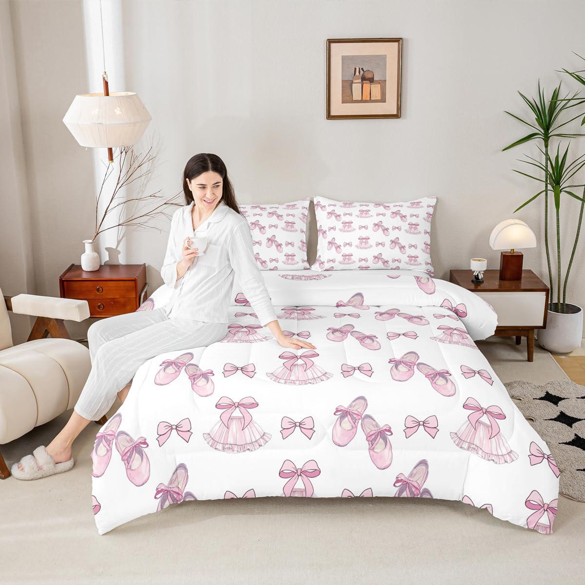 Erosebridal Girls Bow Comforter Set Ribbon Bowknot Ballet Skirt Full Size Bedding Sets | Ballerina Toe Shoe Comforter Kawaii Little Ballet Princess Bed Set