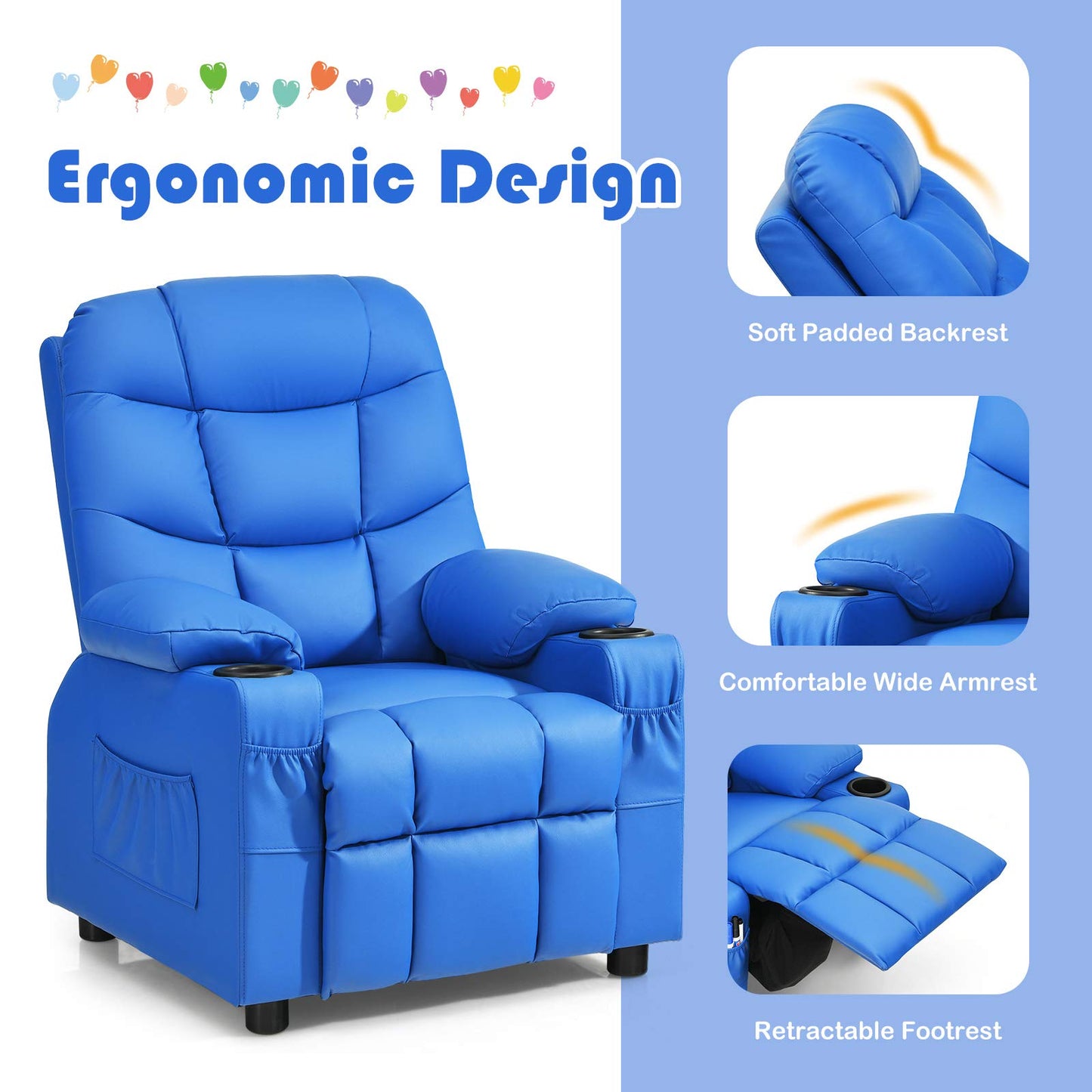 Costzon Kids Recliner Chair with Cup Holder, Adjustable Leather Lounge Chair w/Footrest & Side Pockets for Children Boys Girls Room, Ergonomic Toddler Furniture Sofa, Kids Recliner (Blue)