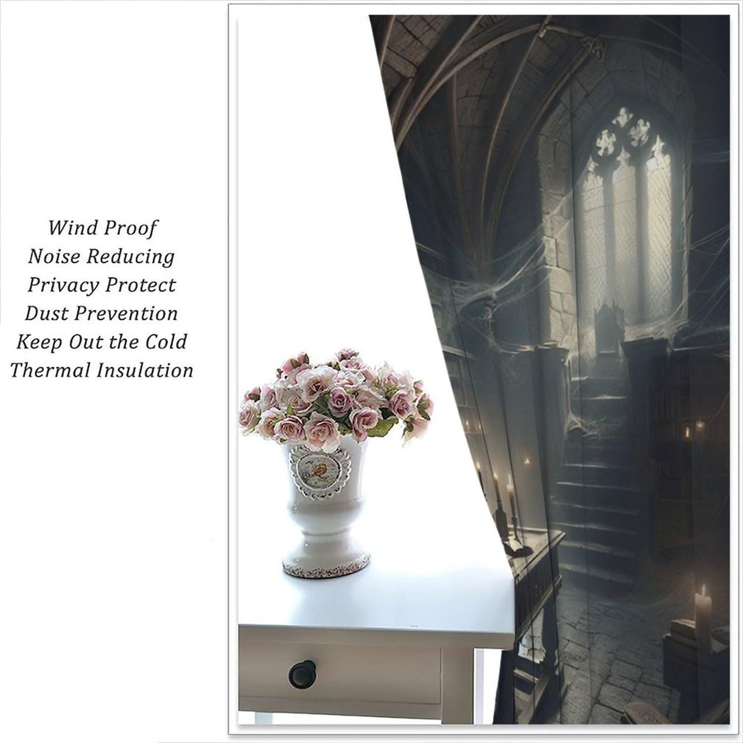 Nsbul Gothic Library Curtains, Mysterious Halloween Spooky Bookshelf Webs Dark Decor Window Treatment for Bedroom Living Room Festive Holiday, 42" W X 45" L(No Blackout)