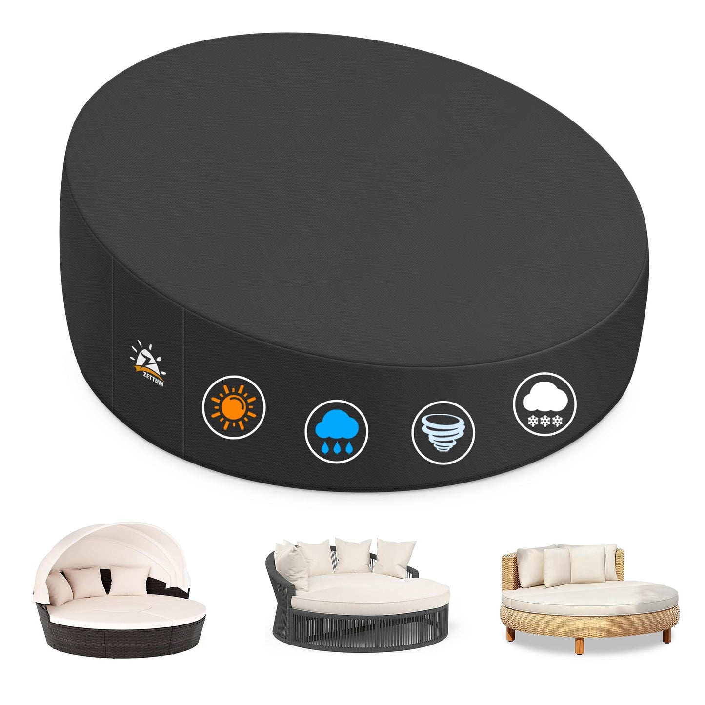 Zettum Outdoor Daybed Cover 88 Inch - 600D Patio Round Sofa Cover Heavy Duty & Waterproof, All Weather Protection Outdoor Furniture Covers for Canopy Daybed Sofa, 88" Dia x 35"/18" H