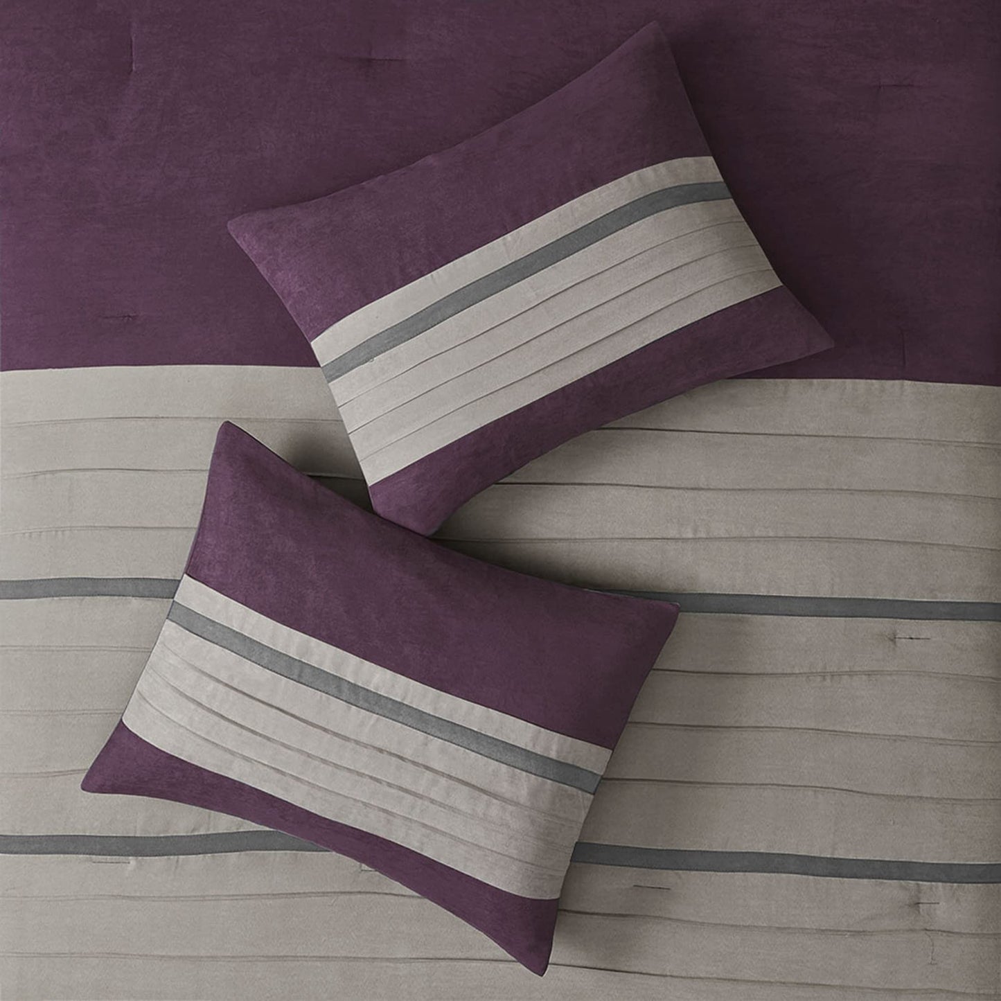 Madison Park Palmer Comforter Set - Faux Suede Design, Striped Accent, All Season Bedding, Shams, Decorative Pillow, Bed Skirt, Queen (90 in x 90 in), Purple 7 Piece