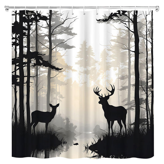 HYEEHY Forest Deer Shower Curtain Foggy Wildlife Hunnting Rustic Cabin Lodge Country Farmhouse Pine Tree Grey Elk Moose Shower Curtains Set Bathroom Polyester Fabric with Hooks (70" W x 70" L)